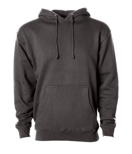 A heavyweight pullover hood in grey, featuring a drawstring hood and a front pocket. It has a logo on the sleeve.