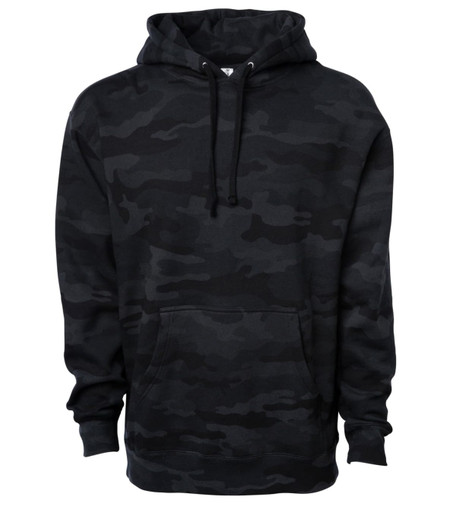 A black camouflage heavyweight pullover hood with a front pocket and drawstring hood. Features a logo.