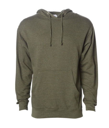 A men's midweight pullover hood in olive green with a front pocket and a hood, featuring a logo.