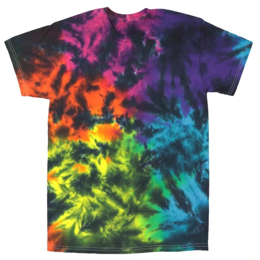 A multicoloured crinkle tie dye t-shirt featuring vibrant purple, orange, blue, and green patterns.
