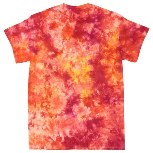 A tie-dye T-shirt featuring vibrant shades of orange, pink, and yellow, with an abstract pattern. It has a logo on the tag.
