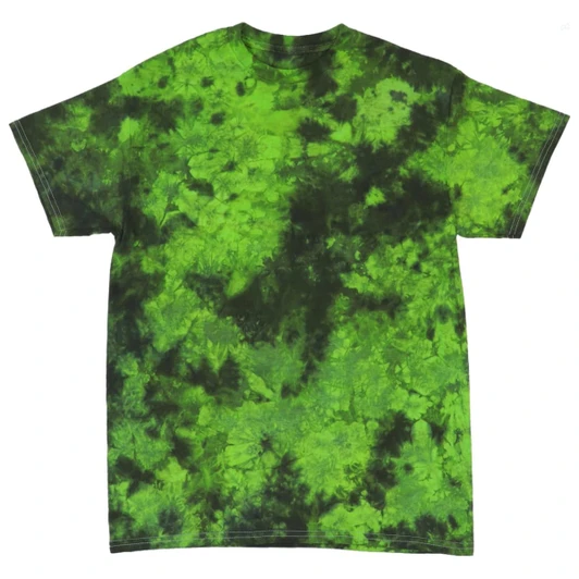 A green and black tie-dye T-shirt featuring a swirling pattern, with short sleeves and a rounded neckline. It has a logo.