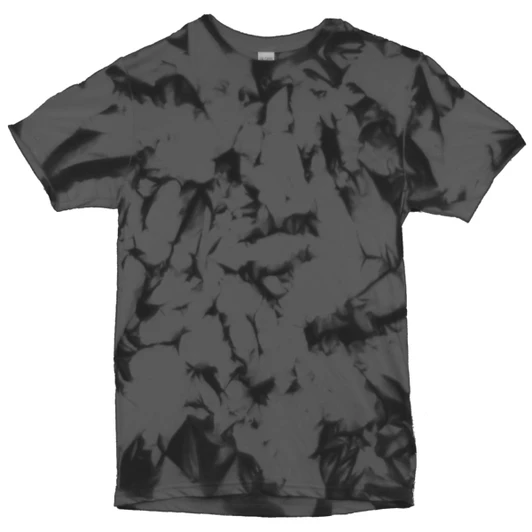 A nebula tie-dye t-shirt featuring a black and grey design with a unique pattern. It has a logo on the label.