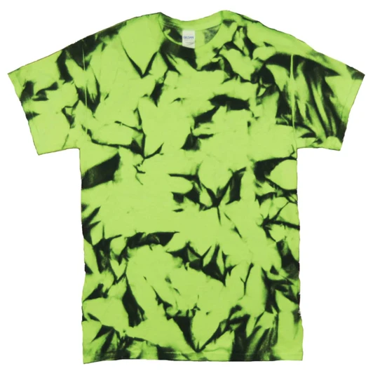 A neon green tie dye t-shirt with a black abstract pattern and a small logo on the label.