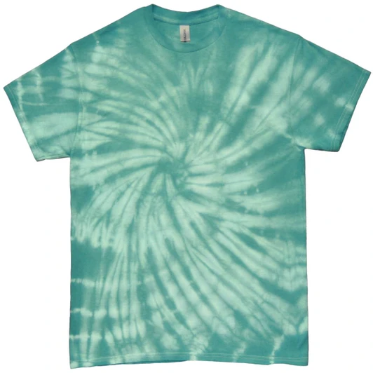 A teal tie-dye T-shirt featuring a spiral pattern with varying shades of teal. The shirt has short sleeves.
