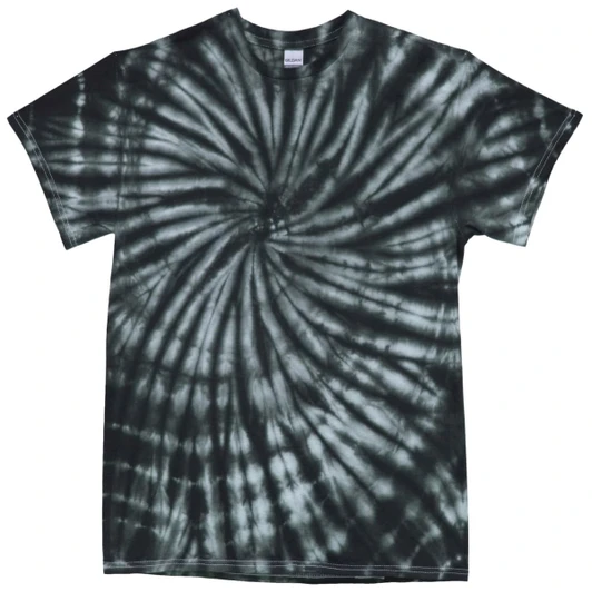 A tie-dye t-shirt featuring a spiral design in shades of black and grey. The shirt has a standard short sleeve cut.
