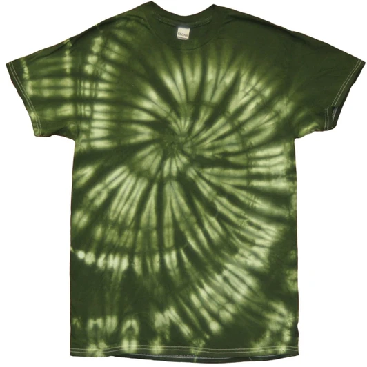 A green tie-dye t-shirt featuring a spiral pattern in lighter and darker green shades. It has a tag at the neckline.
