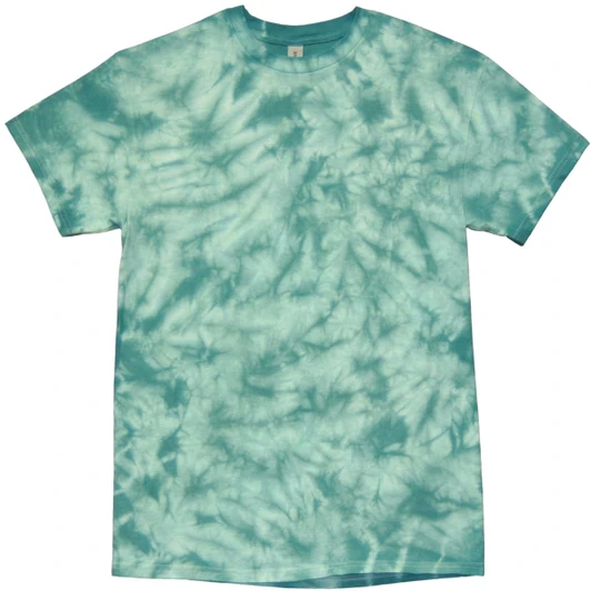 A teal crinkle tie-dye t-shirt with a spiral pattern and a crew neckline. It features a logo on the label.