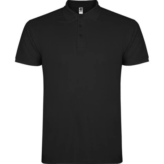 A black polo shirt featuring a classic collar and three buttons, with a logo on the front.