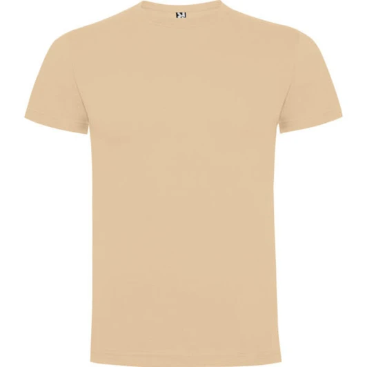 A plain beige T-shirt with a round neck and short sleeves. It features a logo on the neckline.