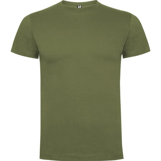 An olive green premium t-shirt with a round neckline and short sleeves, featuring a logo on the label.