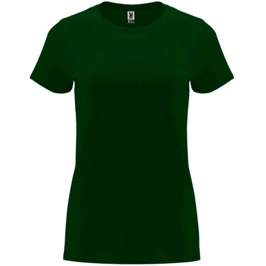 A dark green Capri T-shirt with a classic crew neck and short sleeves, featuring a logo on the tag.