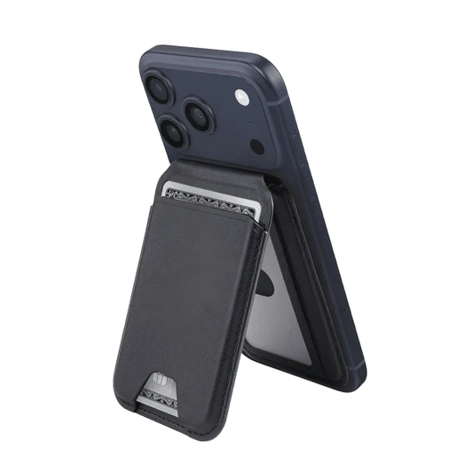 A magnetic wallet in black, attached to a navy phone, featuring a phone stand and storage for cards.