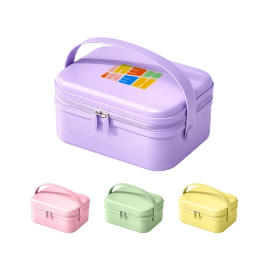 A portable mini suitcase in light purple with a handle, accompanied by pink, green, and yellow variants. Features a logo.