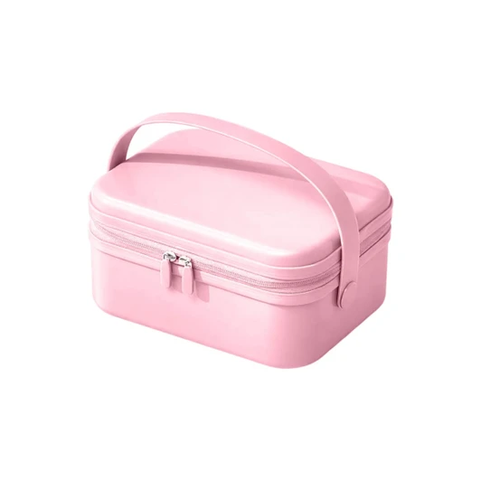A pink portable mini suitcase with a handle and a zip closure. It features a smooth, shiny surface.