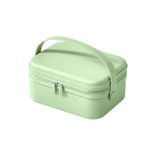 A portable mini suitcase in mint green with a zipper closure and a handle for easy carrying.