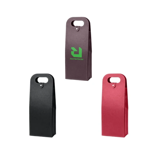 A drink bottle bag in black, red, and burgundy with a handle and a logo on each.
