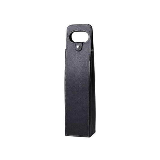 A drink bottle bag in black leather with a handle and stitching details, featuring a logo.