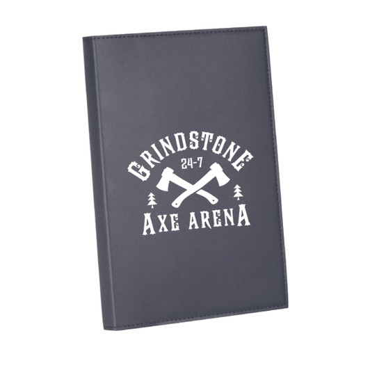A navy leather journal featuring a logo with crossed axes and the text "Grindstone Axe Arena".
