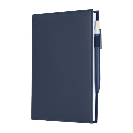 A navy blue refillable journal with a pen attached, featuring a smooth leather-like cover and plain pages inside.