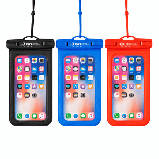Three waterproof phone pouches in black, blue, and red, featuring a transparent front and a logo.