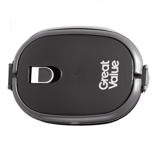 A lunch box in black with a grey clasp and a logo. Designed for convenient storage and transport.