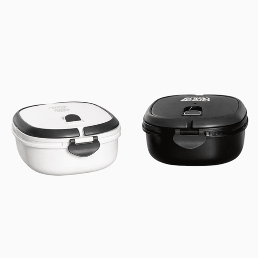 A lunch box set featuring a black and a white container, each with a secure lid and branding.