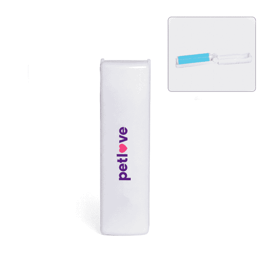 A white lint remover with a blue handle and a logo. Ideal for keeping surfaces clean from pet hair.