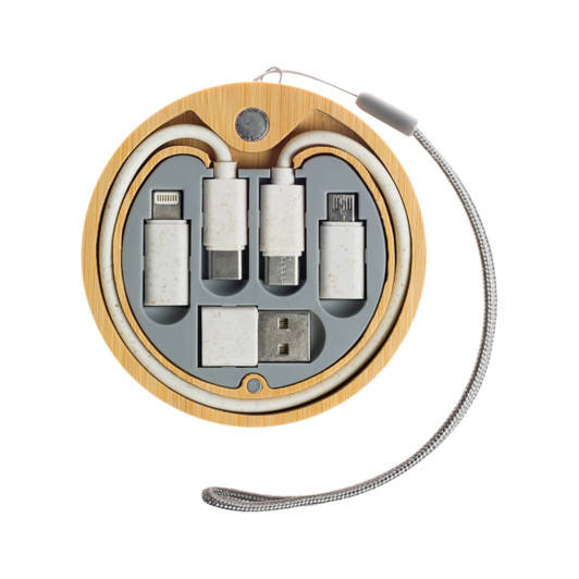 A circular charger set with a bamboo exterior, featuring various connectors and a USB port inside.