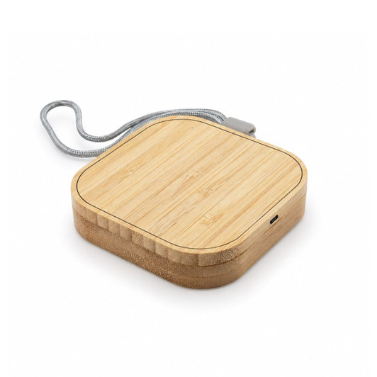 A square wireless charger made of bamboo with a grey fabric cord, featuring a modern design and a logo.