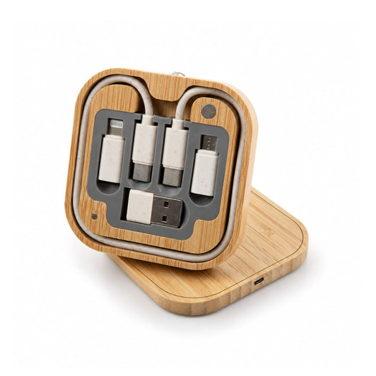 A square wireless charger set with a bamboo finish, featuring multiple charging cables in grey compartments.