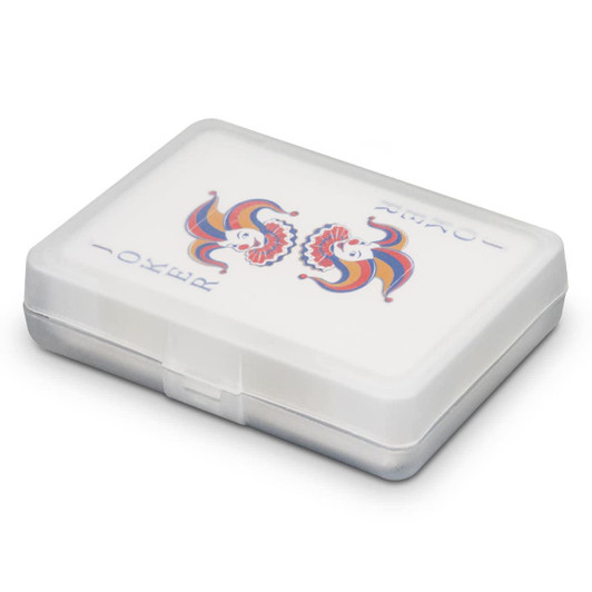A gift case containing a deck of playing cards with colourful joker designs on a white surface.