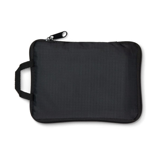 A black zippered pouch with a handle, featuring a sleek design suitable for storage and organisation.