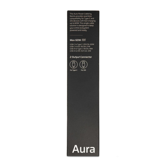 A power cable package featuring a sleek black design, compatible with Type-C devices, with two output connectors.