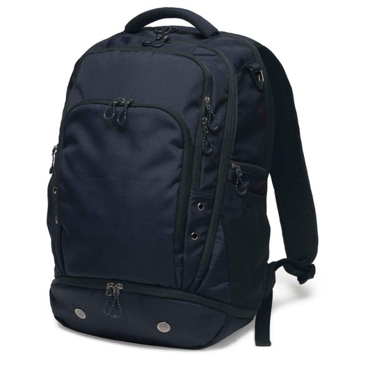 A dark navy backpack with multiple compartments and zippers, featuring padded shoulder straps and a logo.