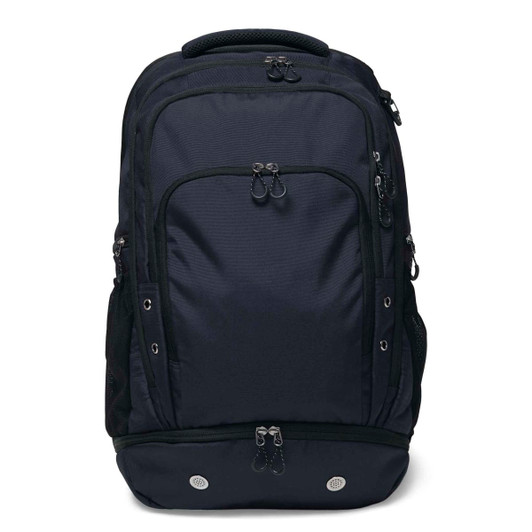 A dark navy backpack featuring multiple compartments and zippers, with a logo on the front.