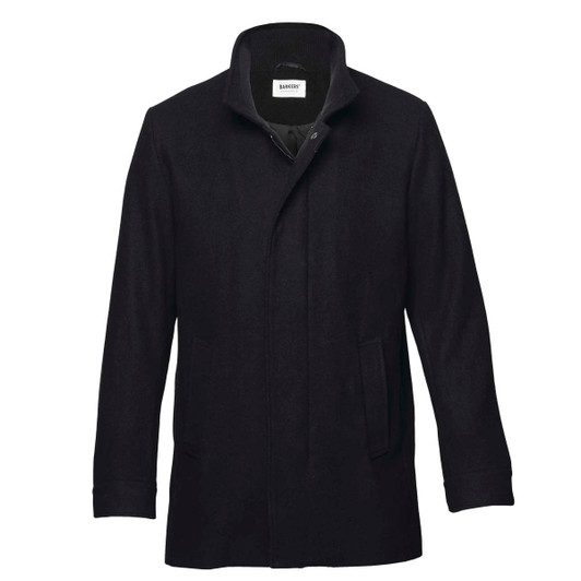 A dark navy wool jacket with a high collar and a front fastening, featuring side pockets and a brand logo.
