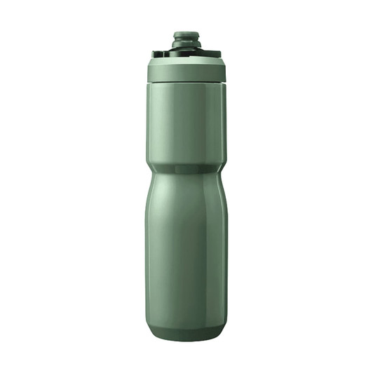 A drink bottle in a matte green finish with a curved design and a black cap, featuring a logo.