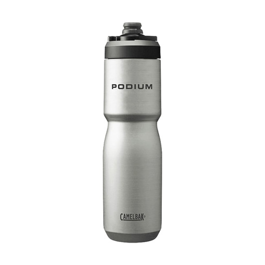 A drink bottle in silver stainless steel with a black and grey lid, featuring a logo on the body.