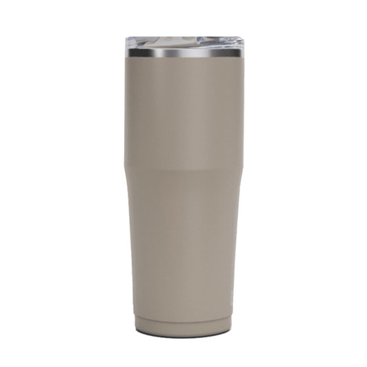 A drink bottle in a muted beige colour with a silver lid, featuring a logo on the side.