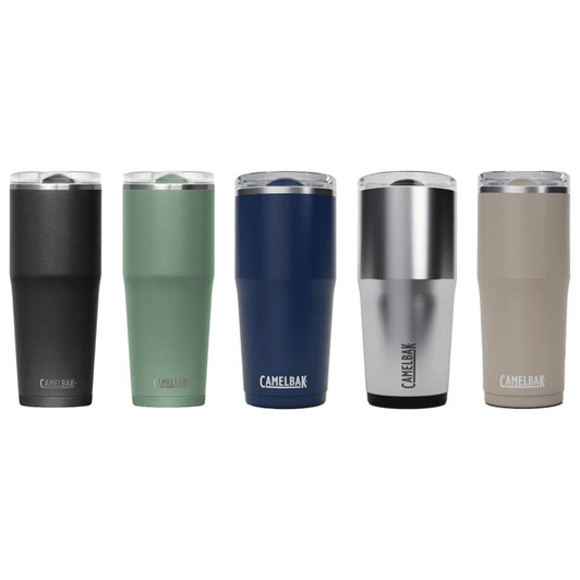 A drink bottle collection featuring five CamelBak tumblers in black, green, navy, silver, and beige, with branding.