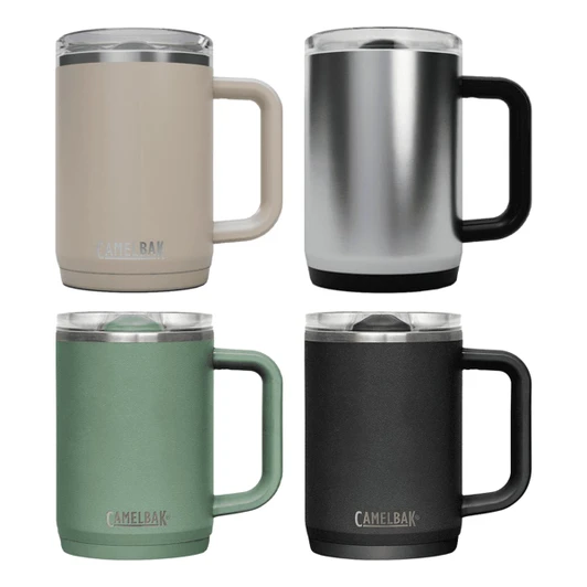 A drink bottle collection featuring a beige, silver, green, and black travel mug, each with a handle and a lid.
