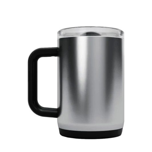 A drink bottle with a stainless steel exterior, black plastic handle, and a transparent lid. It features a logo.