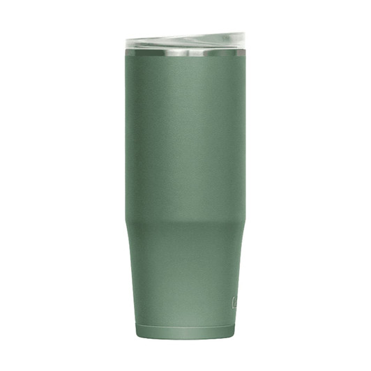 A drink bottle in a matte green finish with a clear lid and a sleek, modern design. It features a logo on the side.