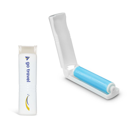 A mini lint roller featuring a blue roller and a white casing with a logo.