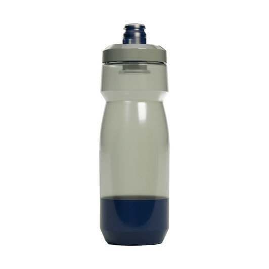 A drink bottle with a grey upper section and dark blue lower section, featuring a screw-on lid and a logo.