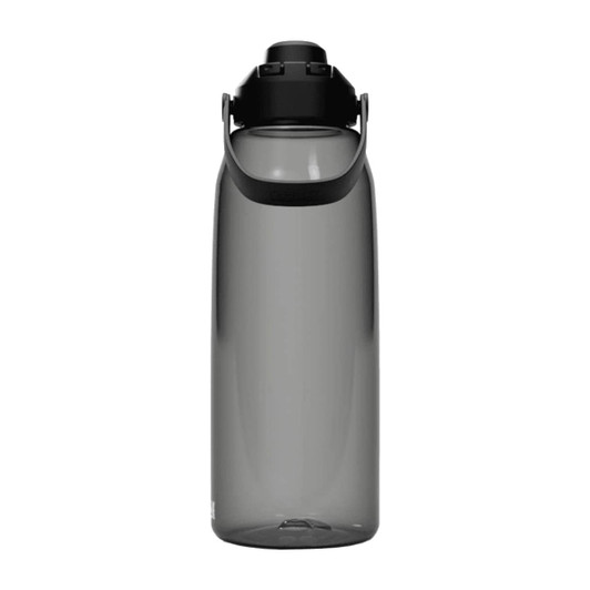 A drink bottle in a transparent grey colour with a black lid and carrying handle, featuring a logo.