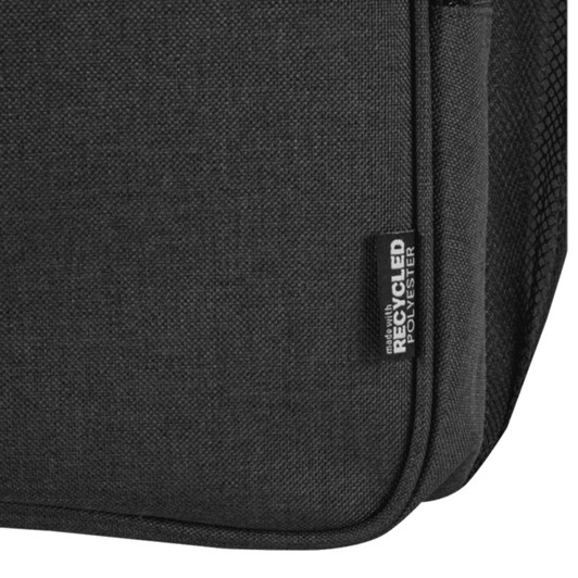 A dark grey cooler backpack with a textured finish and a label indicating recycled polyester material.