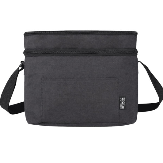 A dark grey double compartment cooler bag with a shoulder strap and a front pocket. It features a logo.