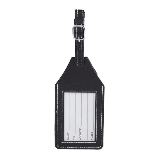 A black luggage tag with a clear window for information, featuring a strap and contrasting stitching.